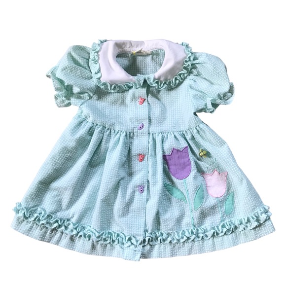 Vintage 12 Month Old Baby girl Dress Green Gingham Tulip Appliqué Lace Ruffles - Picture 1 of 6